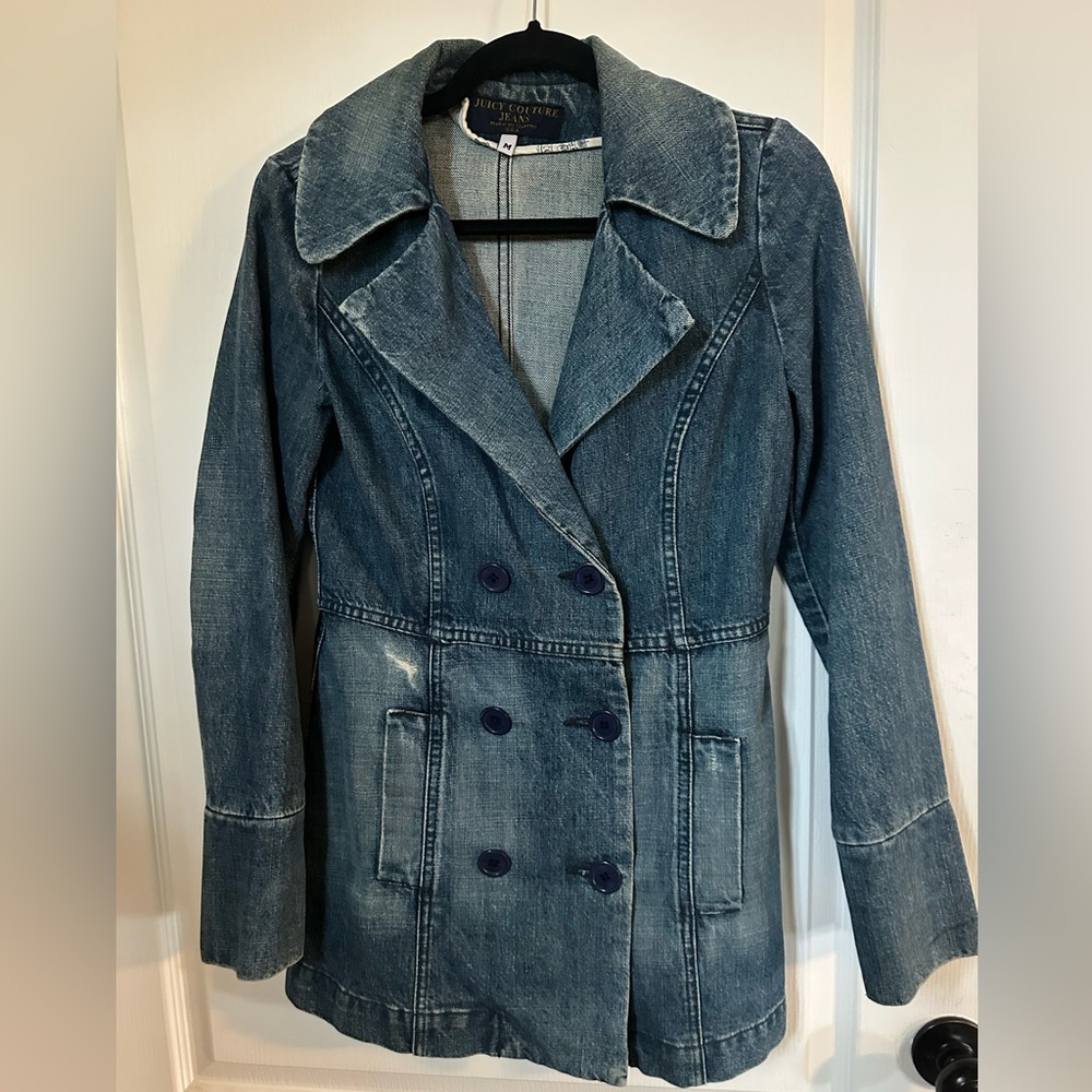 Vintage Lightly Distressed Juicy Couture Denim Double-Breasted Pea Coar.  Size M